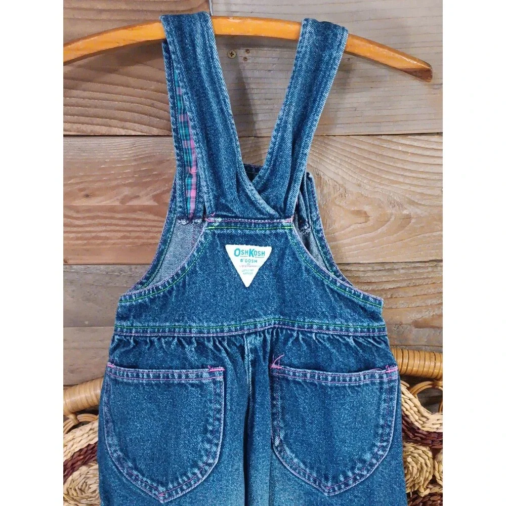 Vintage OshKosh B'Gosh Girls Vestbak Sz 6X Denim Overalls USA Patches Plaid Pink